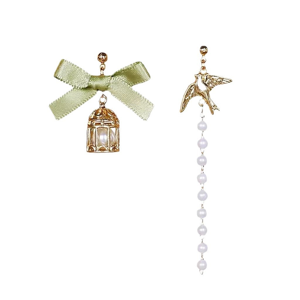 Asymmetric Eardrops Long Fringe Bow Pearl Earrings