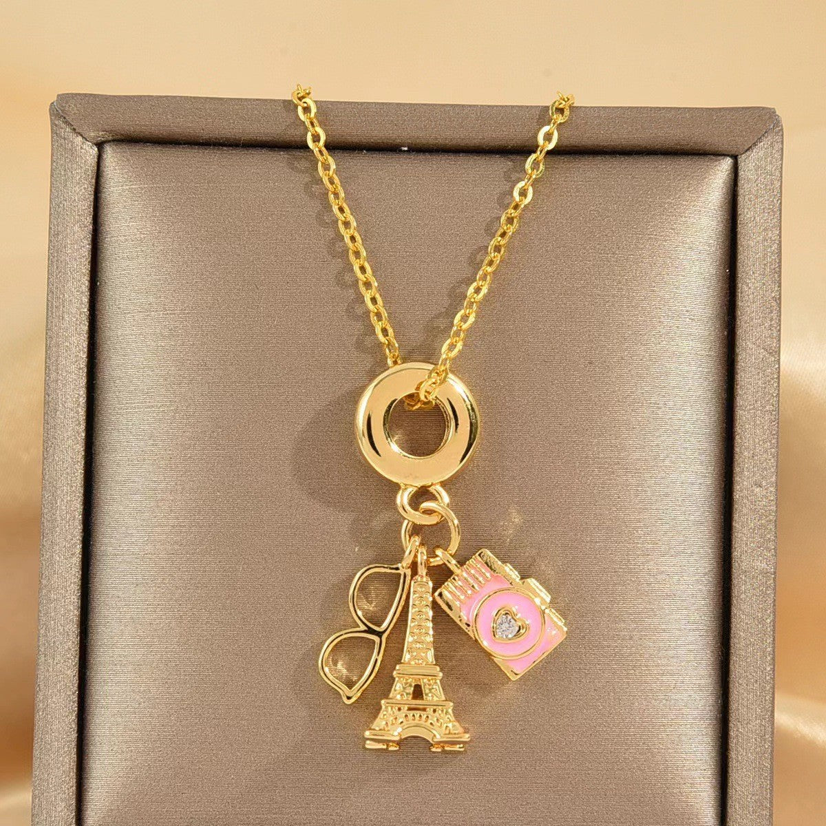 Inlaid Zircon Camera Glasses Eiffel Tower Necklaces
