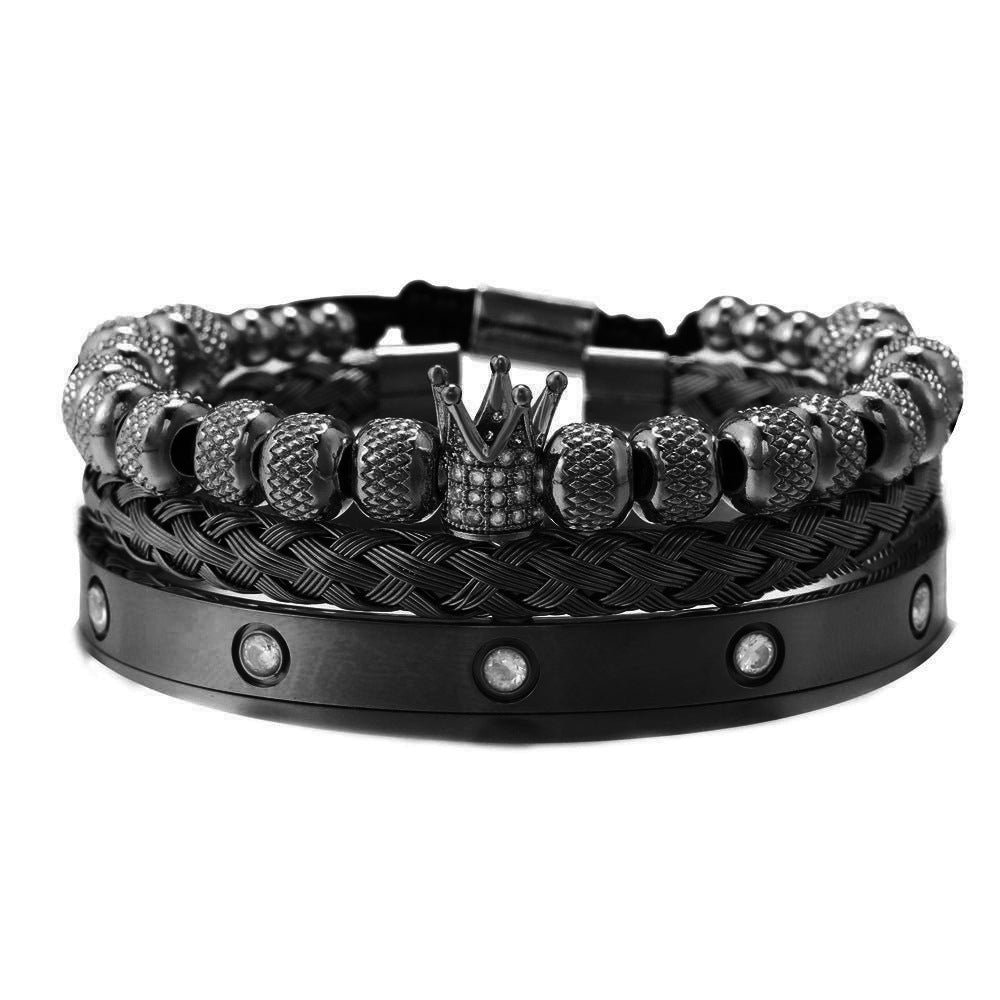 Men's Zircon Double Leopard Head Black Agate Bracelets
