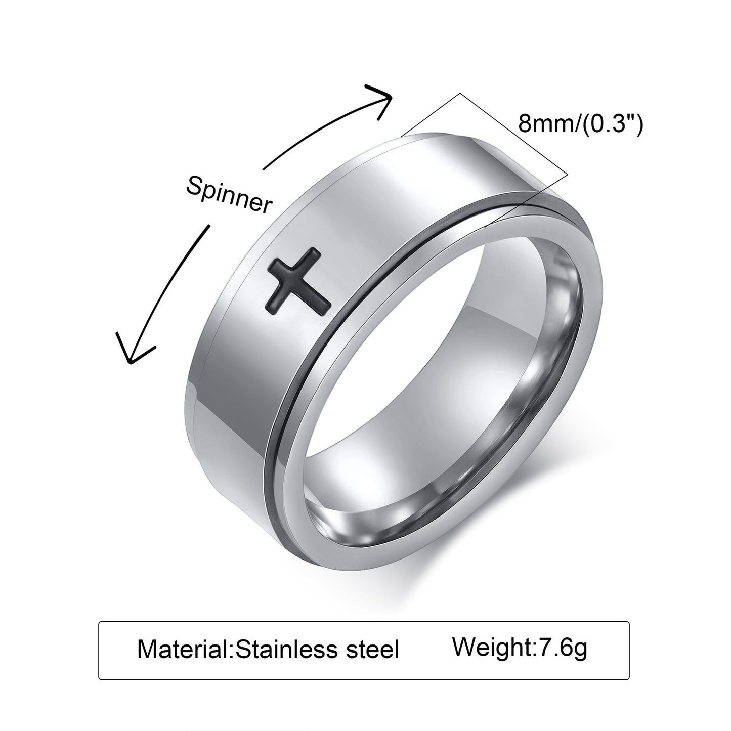 Stainless Steel Laser Corrosion Cross Rotatable Spinning Black Man Rings