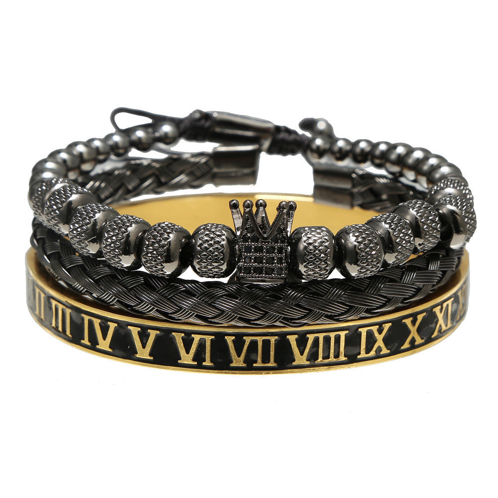 Men's Zircon Double Leopard Head Black Agate Bracelets