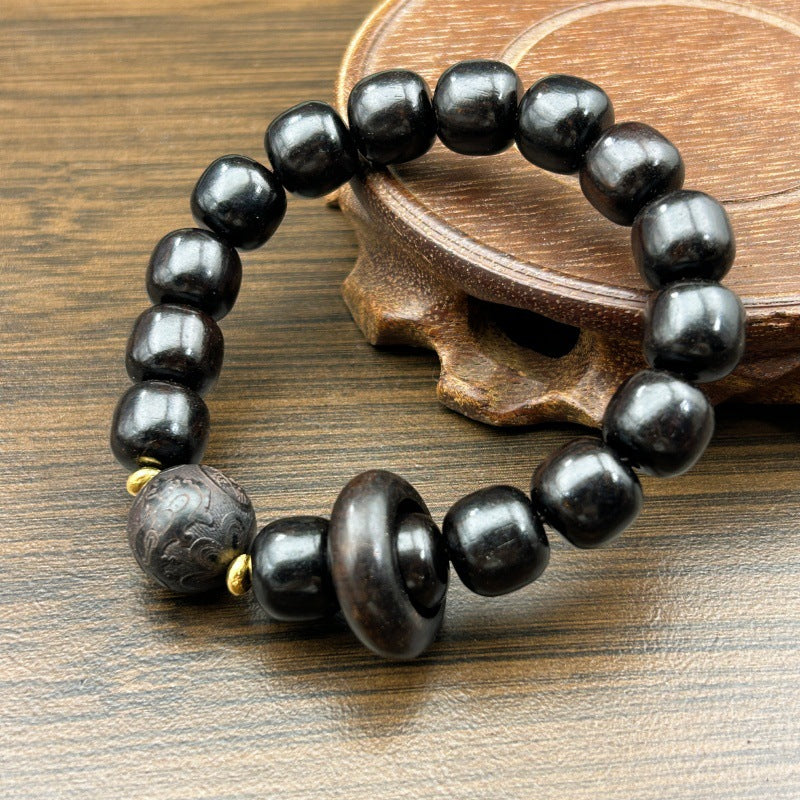 Women's & Men's Sandalwood Carving Beads Lettering Flexible Black Bracelet