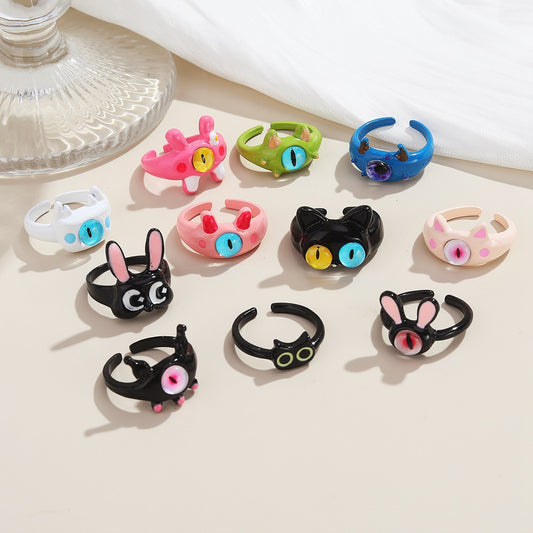 Funny Black Kitty Monster Female Niche Rings