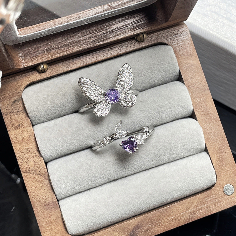 Women's Purple Diamond Butterfly Opening Light Luxury High-grade Sweet Rings
