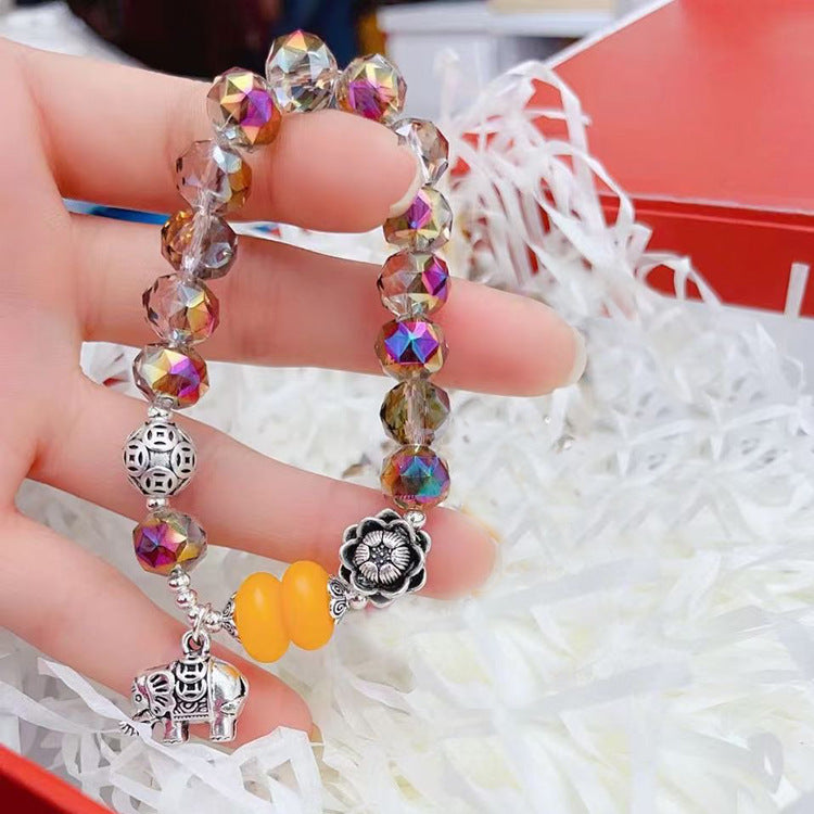Women's Gray Agate Crystal Tassel Retro Tibetan Sier Longevity Lock Bracelets