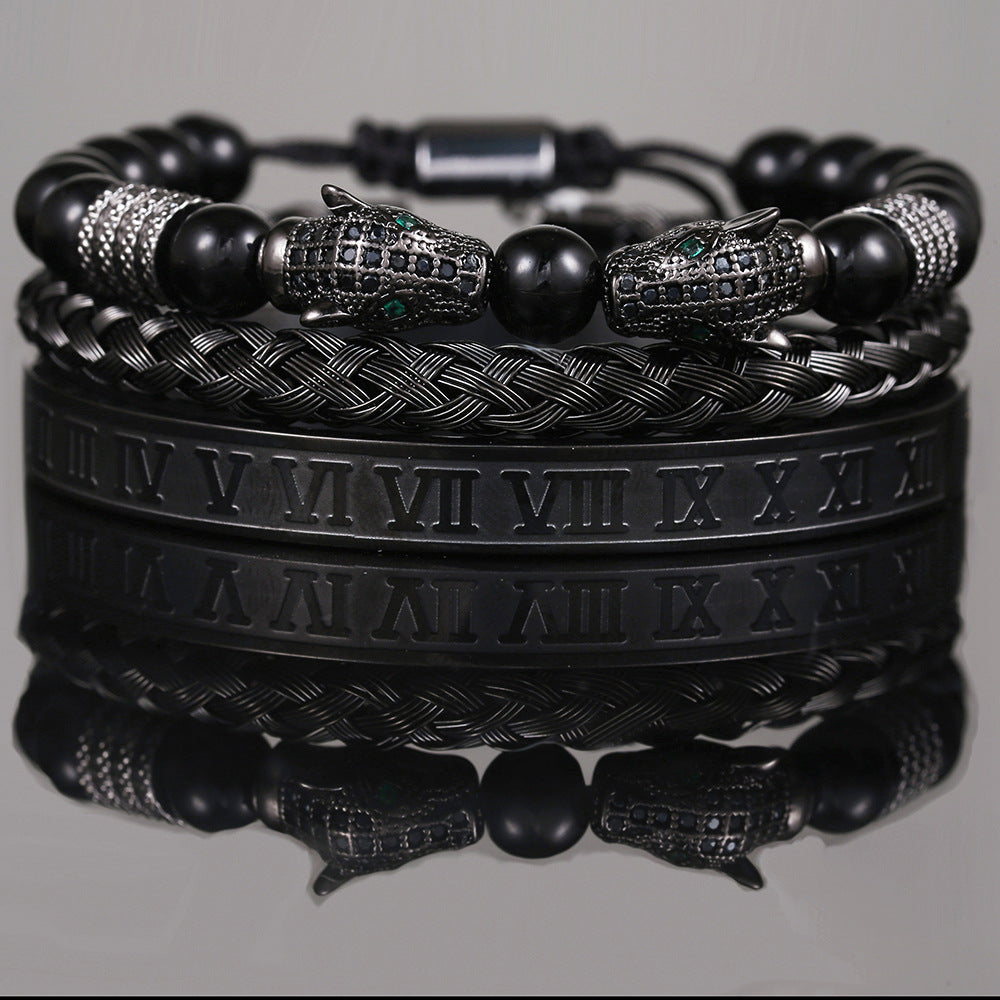 Men's Zircon Double Leopard Head Black Agate Bracelets