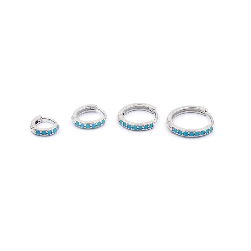 Row O-shaped Round Zircon Turquoise Micro Earrings