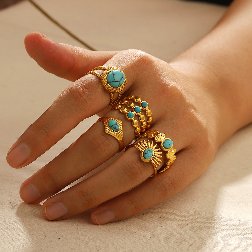 Titanium Steel Inlaid Turquoise Gold Stainless Rings