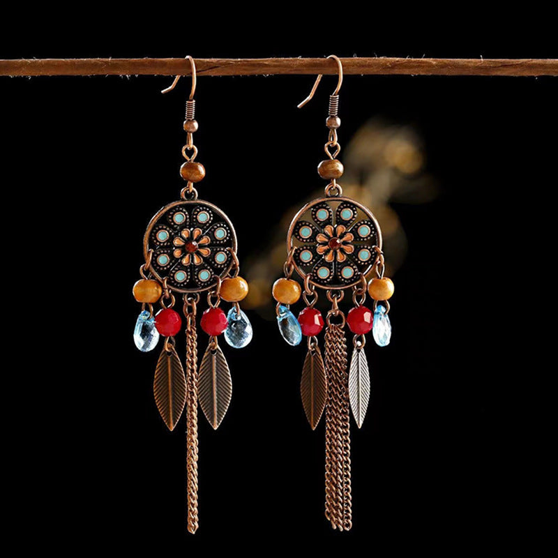 Leaf Tassel Ear Hook Ethnic Style Face Slimming Earrings