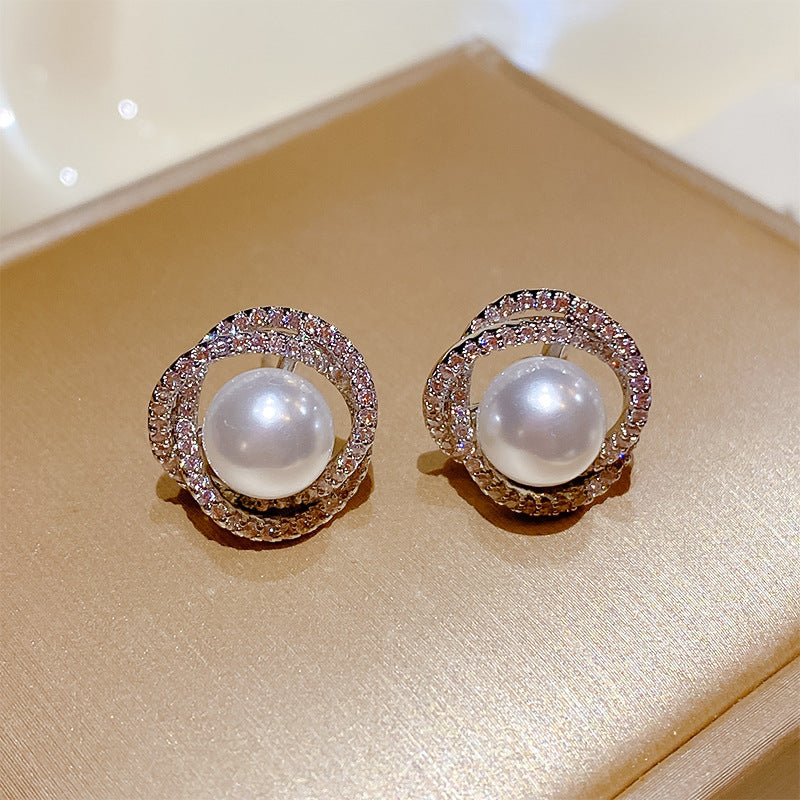 Spiral Pearl Female Niche High-grade Sterling Sier Needle Light Earrings