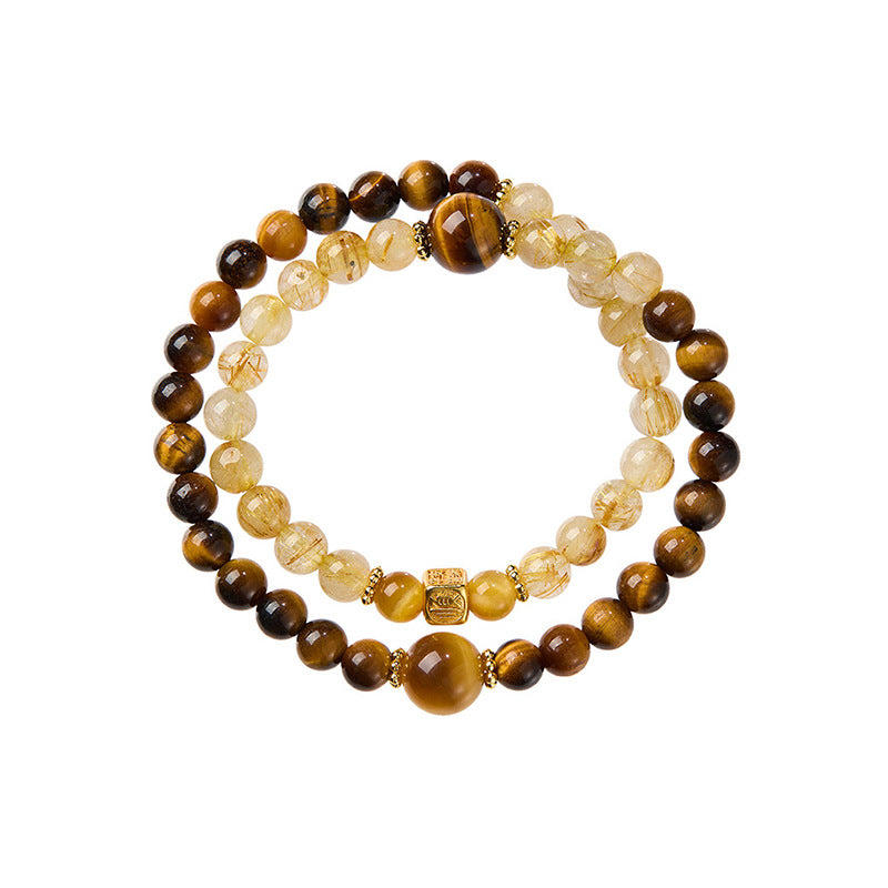 Natural Yellow Tiger's Eye Double National Style Twin Gold Rutilated Bracelet
