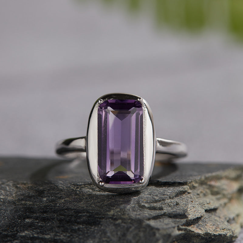 Temperamental Sterling Sier Inlaid Natural Amethyst Female Cube Rings