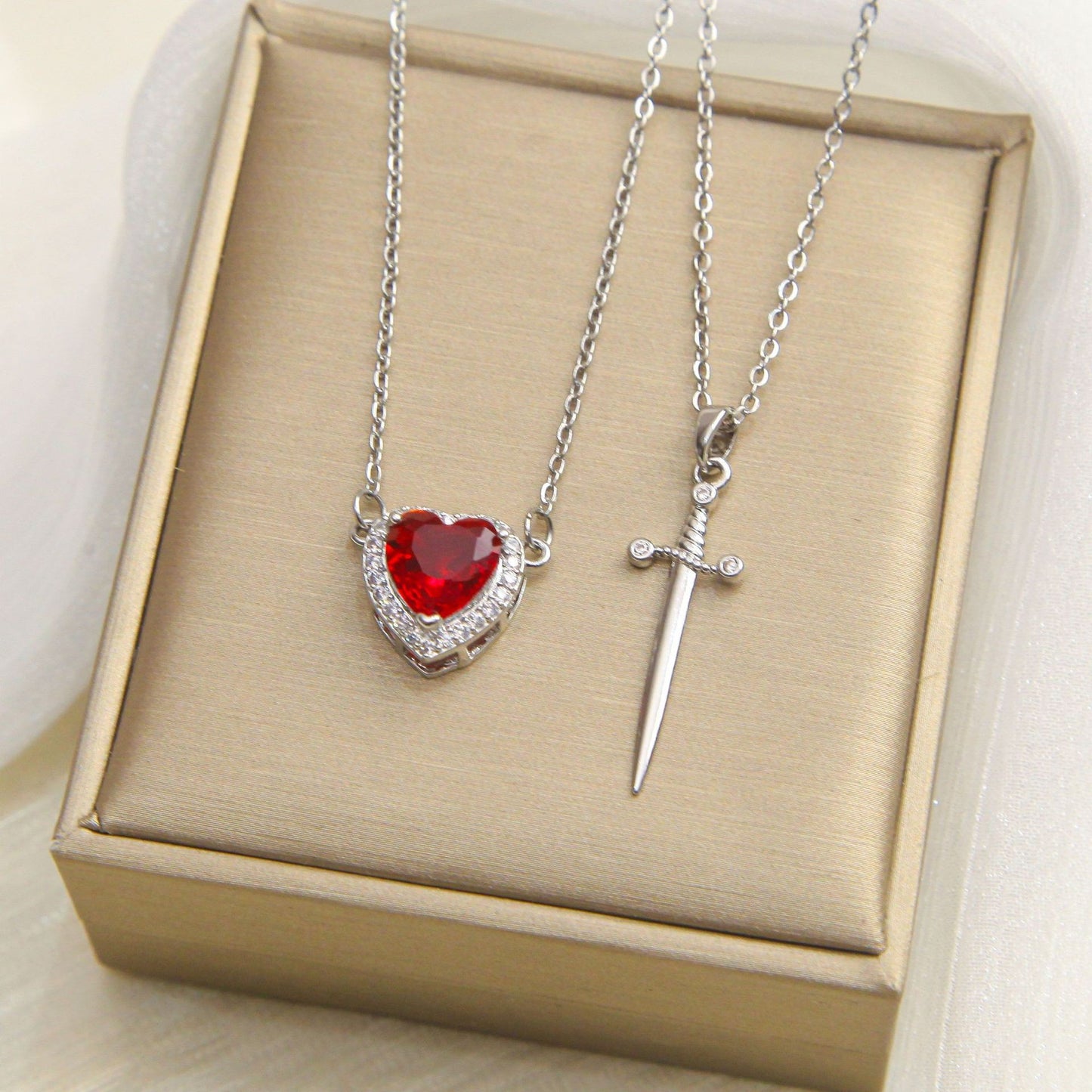 Titanium Steel Sword Red Love Two-piece Micro Inlaid Zircon One Necklace