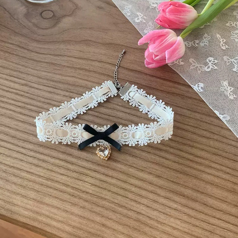 Sweet Peach Lace Love Heart Bow Tie Collar