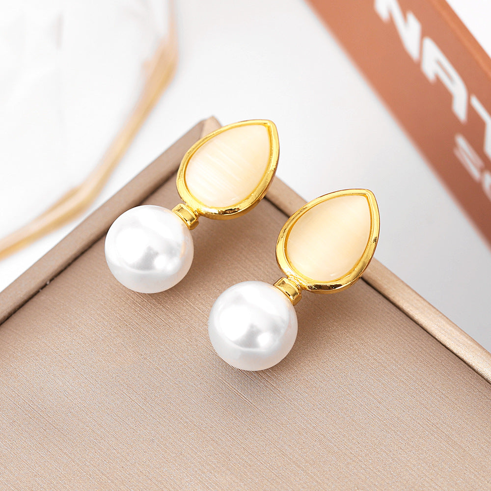 Korean Style Drop-shaped Round Opal Pearl Earrings