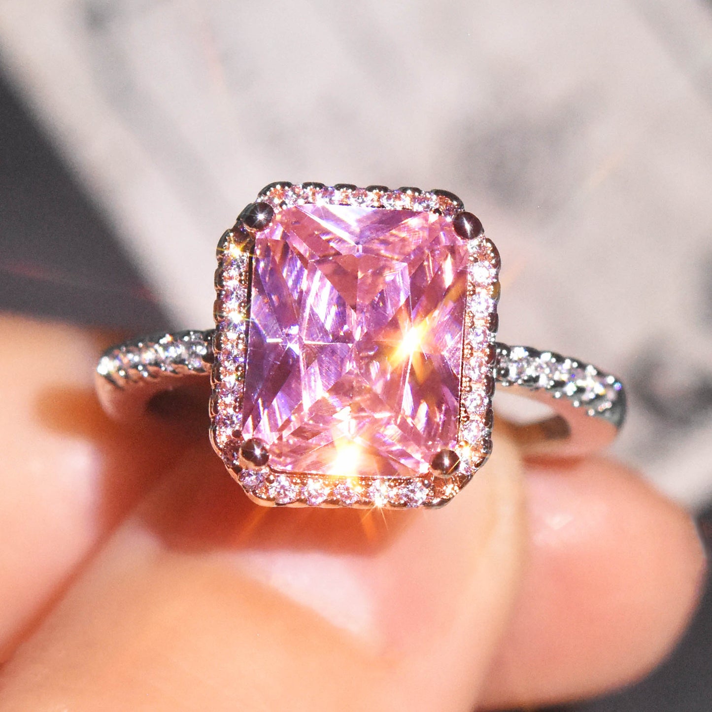 Women's Two-tone Classic Princess Square Pink Crystal Rings