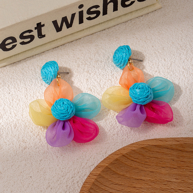 Super Fairy Dopamine Color Organza Raffia Flower Female Sweet Fresh Earrings