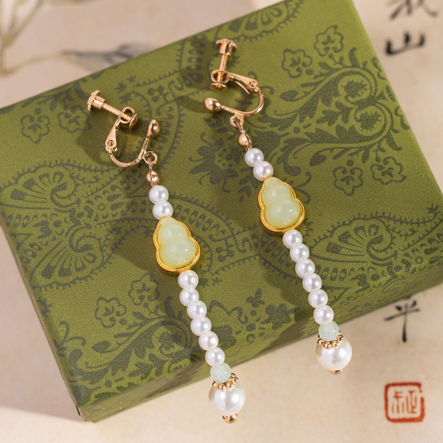 Fortune Gourd Retro Style Pearl Long Eardrop Rings