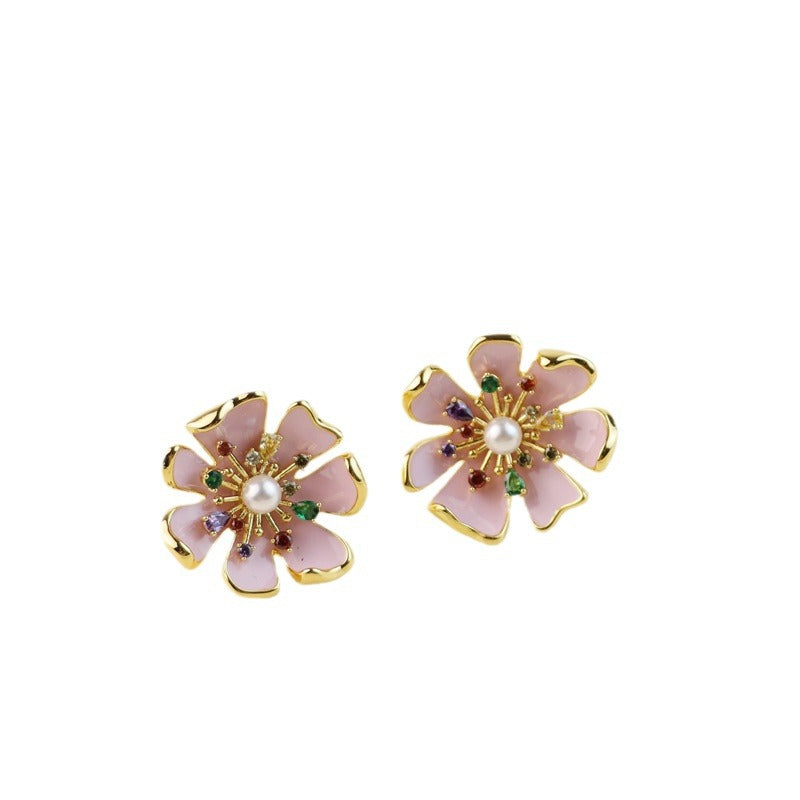 Pink Flowers Sier Needle Hand Painted Enamel Light Luxury Rings