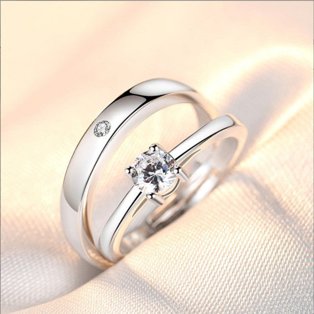 Women's & Men's Elegant Artificial Diamond Couple Open Mouth Wedding Sier Inlaid Rings