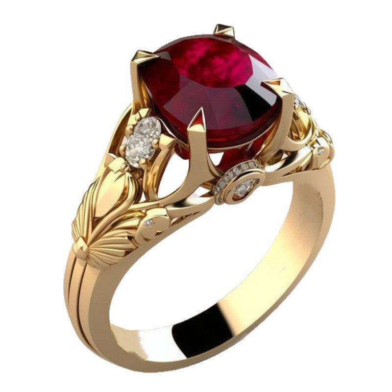 Women's Gold Plated Hollow Jeweled Light Luxury Red Ring