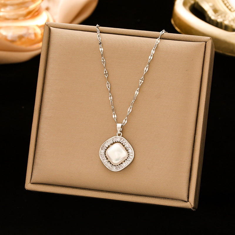 Gold Square Titanium Steel Versatile Zircon Necklaces
