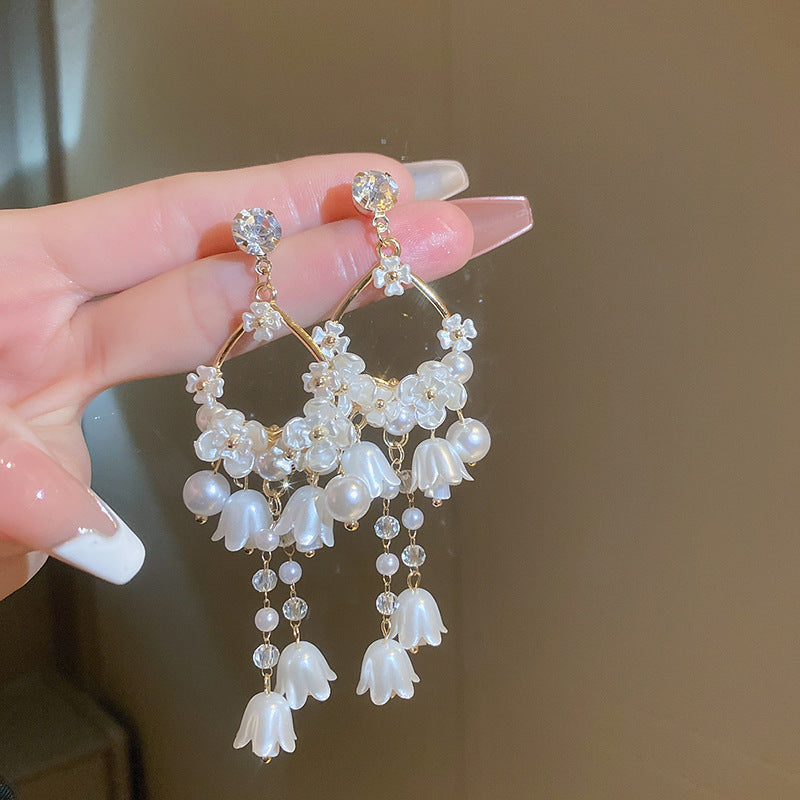 Women's Sier Butterfly Tassel Sweet Flowers Long Rings