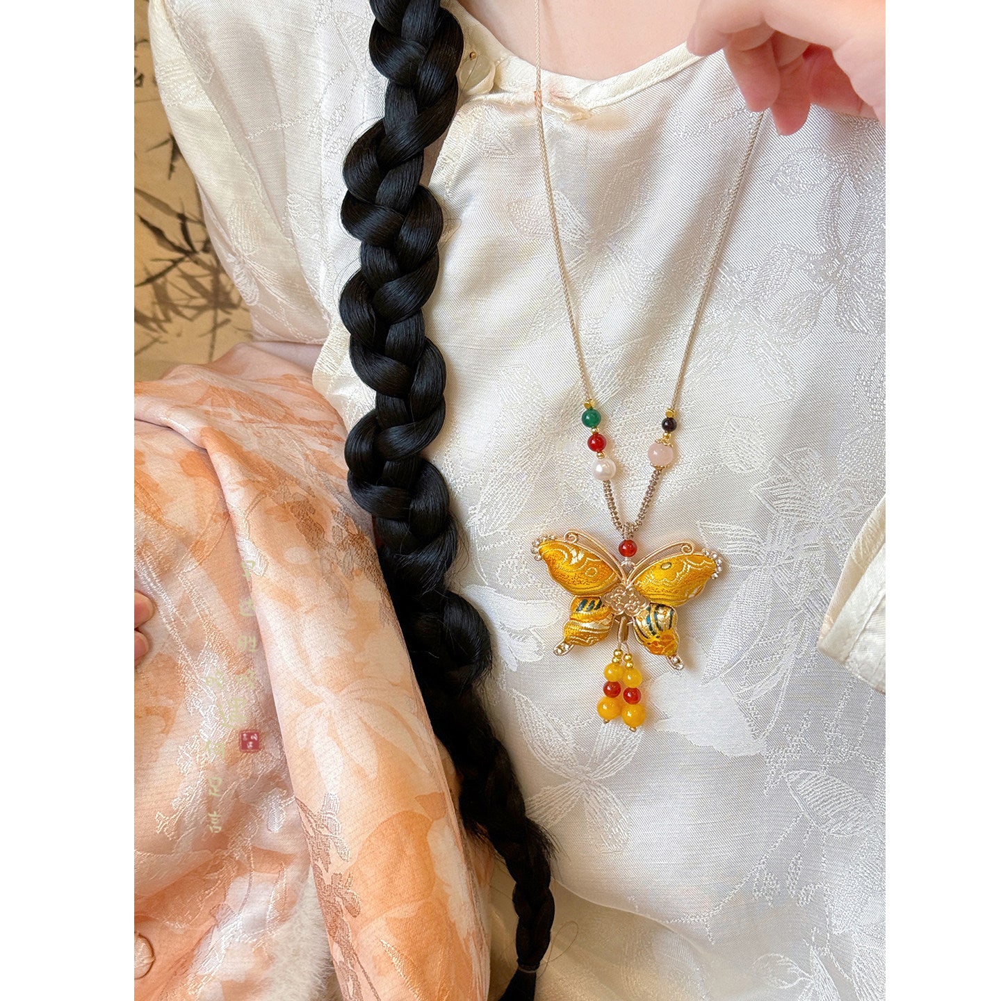 Women's Dynasty Brocade Butterfly Tassel Chinese Style Long Sweater Chain National Necklace