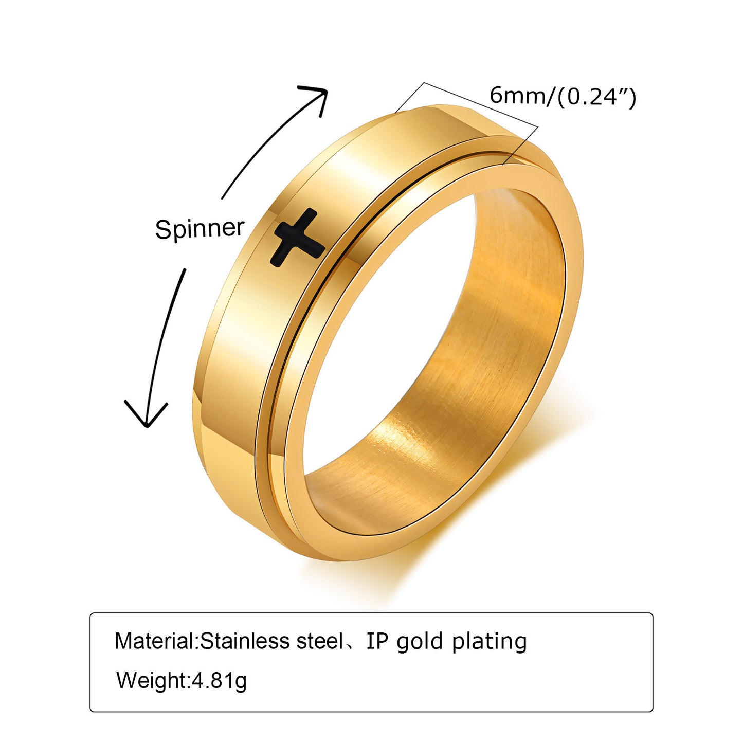 Stainless Steel Laser Corrosion Cross Rotatable Spinning Black Man Rings