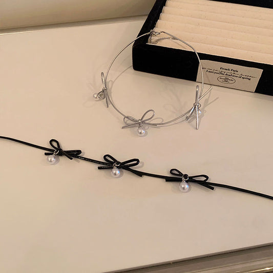 Women's Cool Bow Pearl High-grade Sier Leather Necklaces