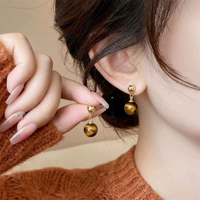 Tigereye Sier Needle Double Ball Texture Earrings