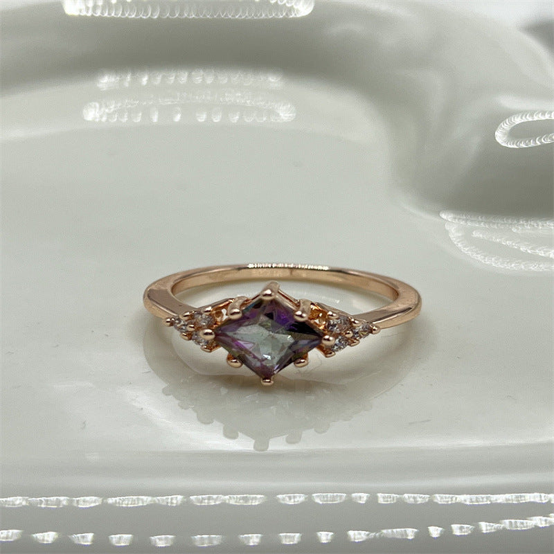 Women's Copper Inlaid Colorful Zircon Square Diamond-shaped Personalized Rings