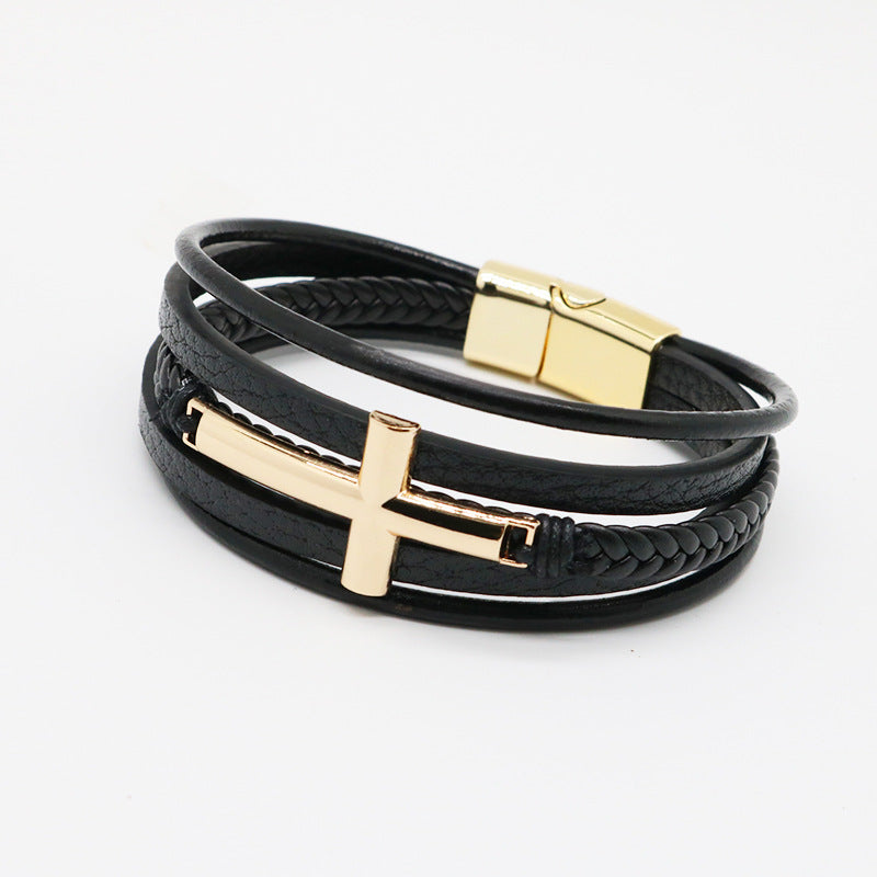 Men's Cross Leather Rope Braided Stainless Steel Bracelets