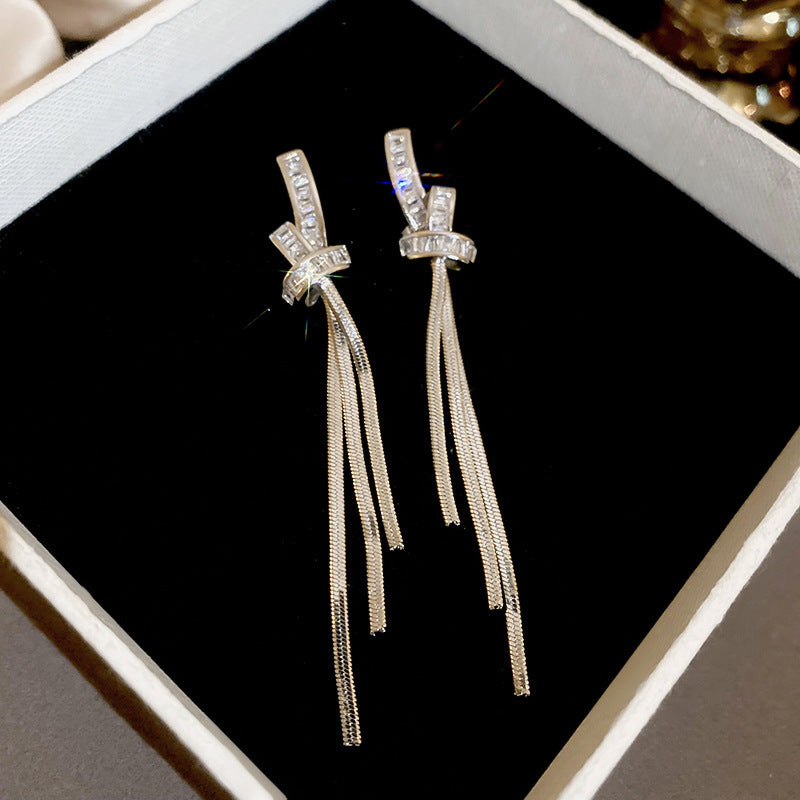 Needle Fully Jeweled Loving Heart Bow Earrings