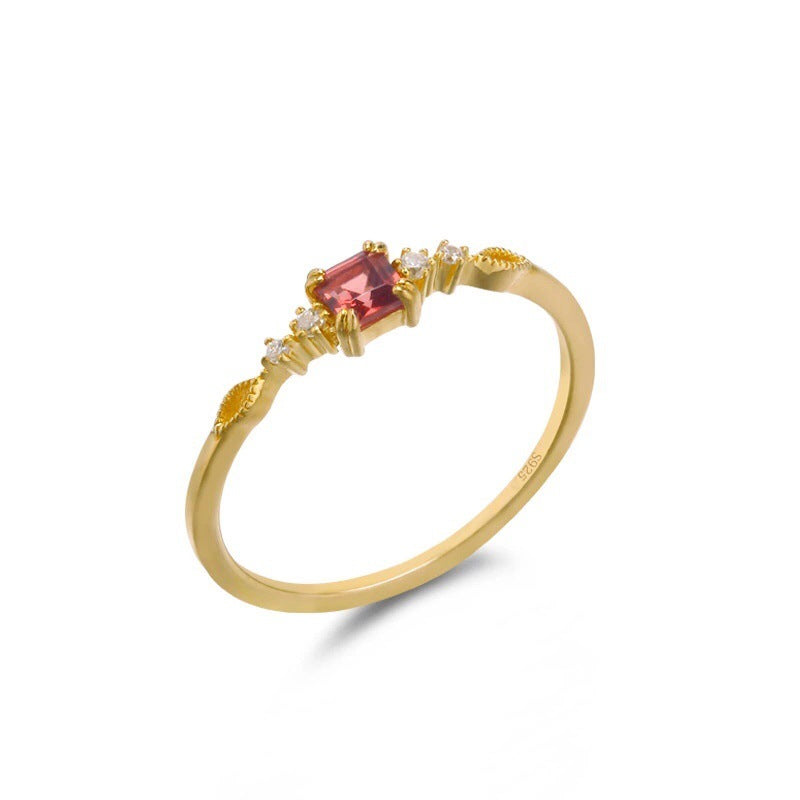 Garnet Exquisite Sterling Sier Gold-plated Square Simple Ring