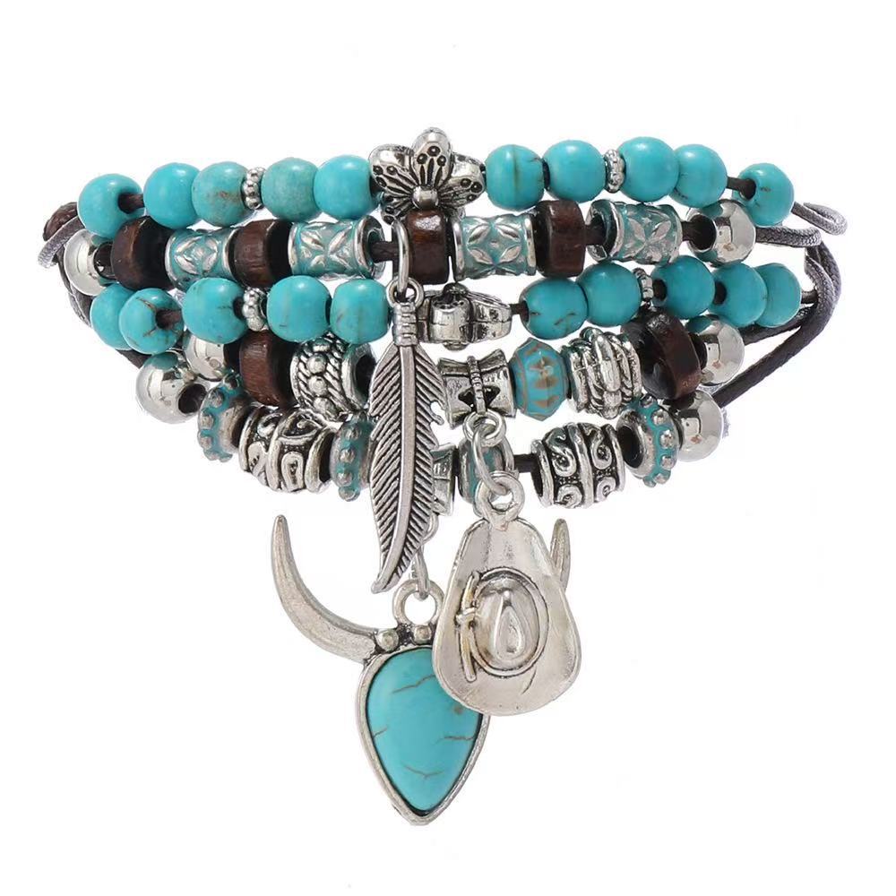 Bohemian Turquoise Ox Head Cowboy Hat Feather Bracelet