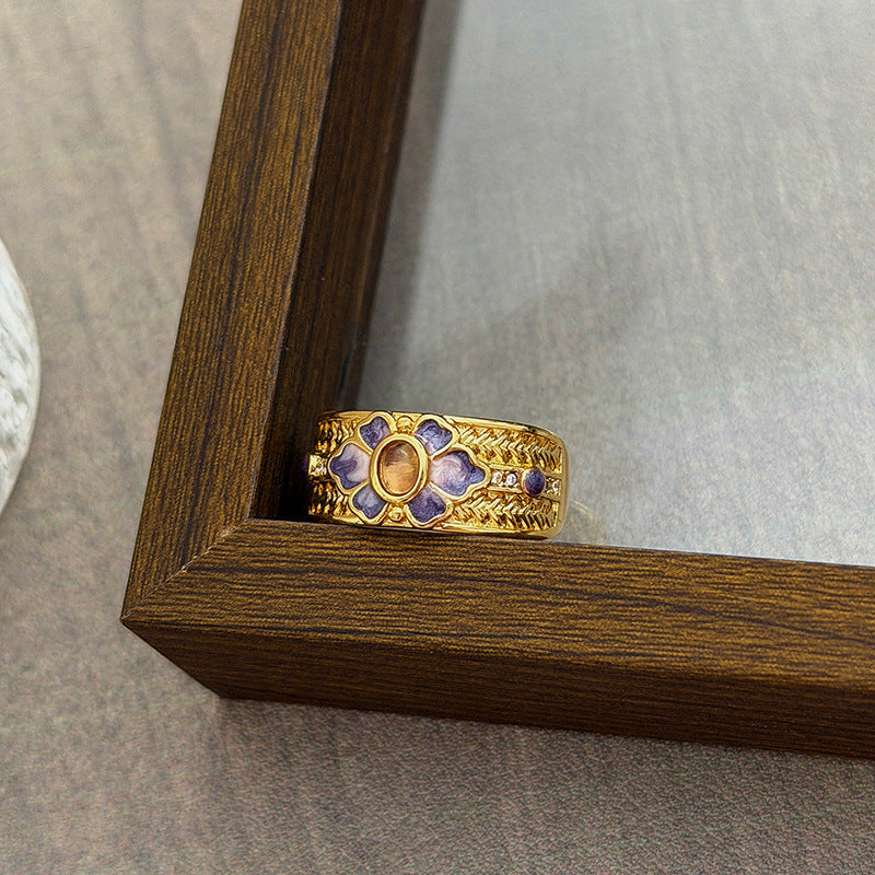 Luxury Retro Flower Auspicious Cloud Purple Enamel Open Niche Twin Rings