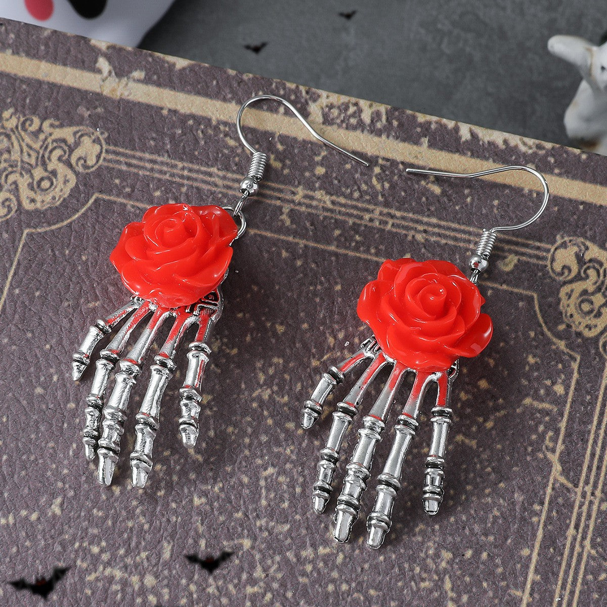 Skull Hand Red Rose Vintage Gothic Punk Earrings