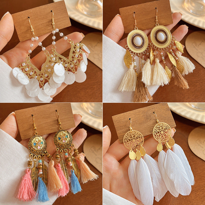 Women's Bohemian Style Long Feather Tassel Ethnic Earrings