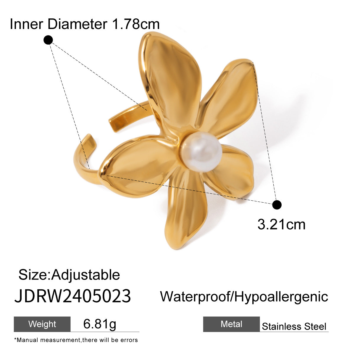 Ding Stainless Steel Flower Pearl Exaggerated Rings