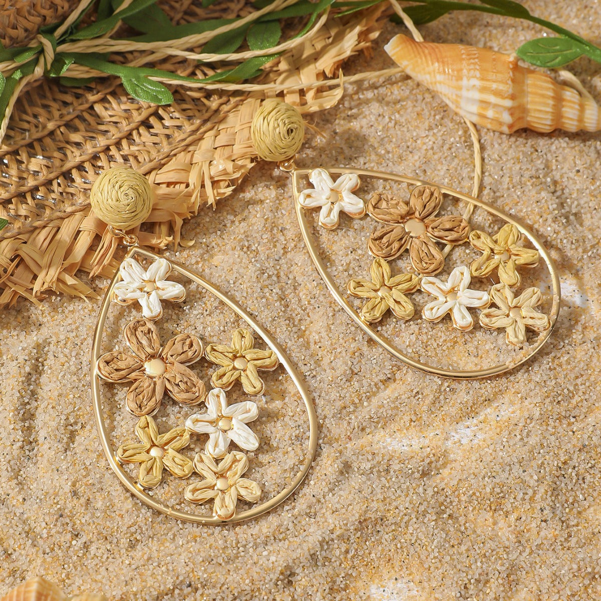 Personalized Creative Metal Hollow Flower Hand-woven Drop Shape Earrings