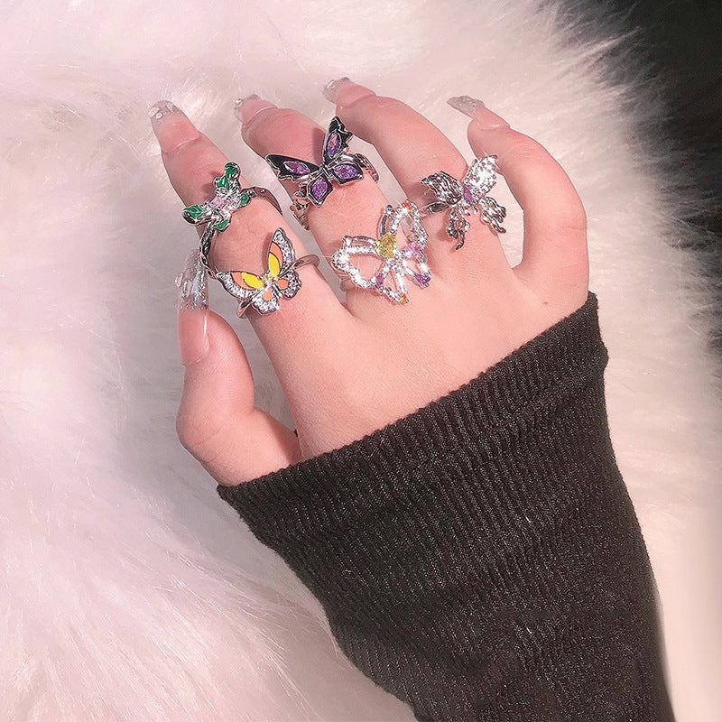 Oil Painting Butterfly Twigs Drop Enamel Color Rings