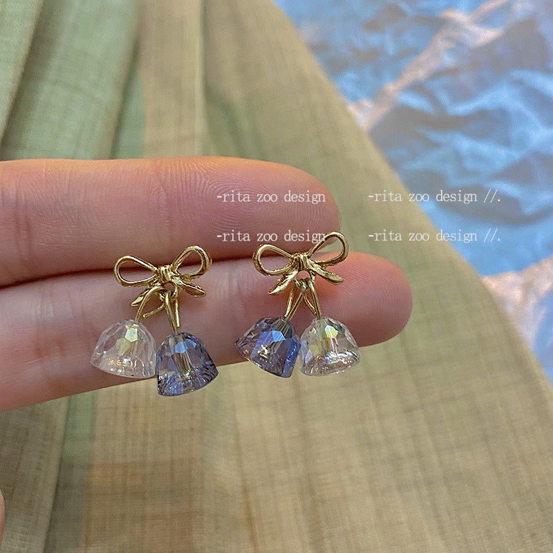 Crystal Christmas Exquisite High Sense Girlish Bow Bell Sier Earrings