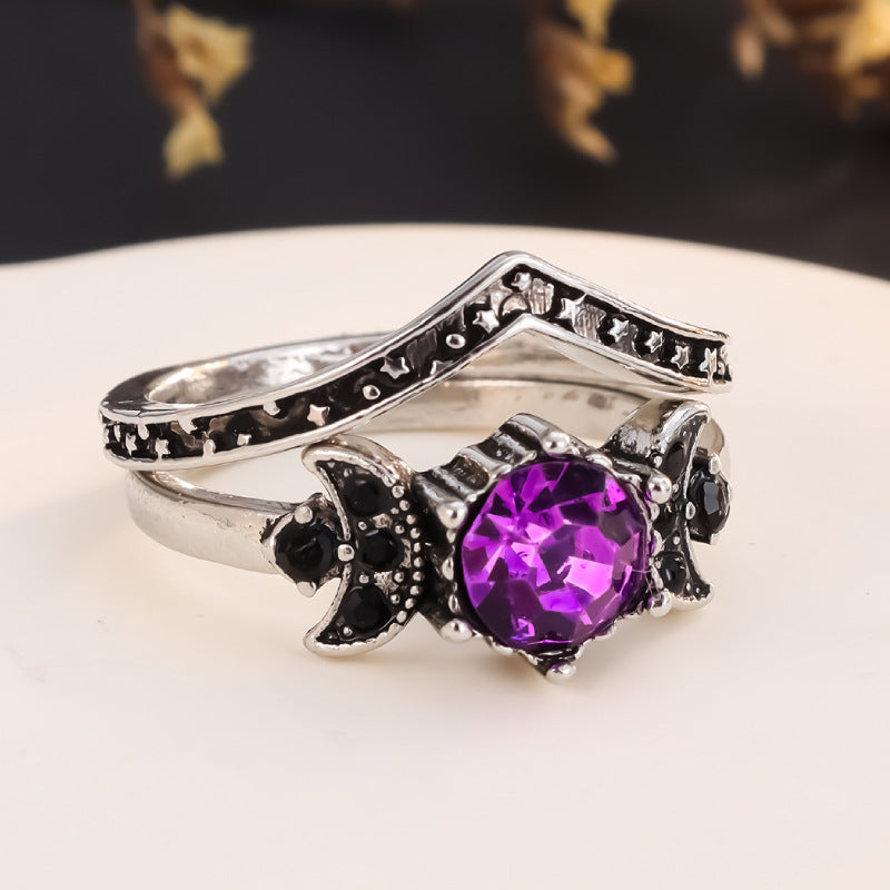 Triple Moon Suit Bohemian Amethyst Goddess Rings