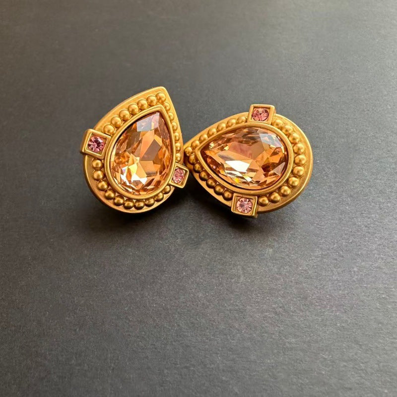 Retro Matte Brass Texture Heart Color Glass Ear Stud Earrings