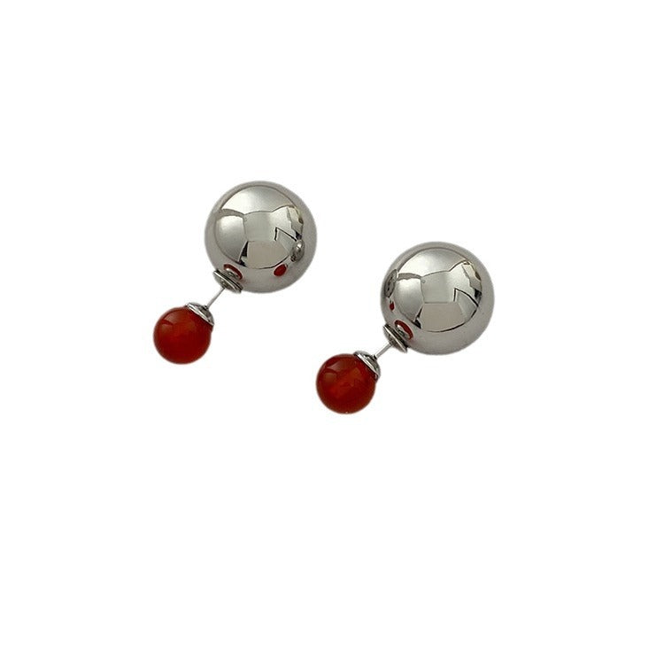 Tigereye Sier Needle Double Ball Texture Earrings