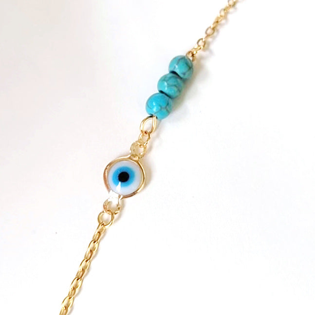 Steel Gold-plated Sweet Natural Stone Three Turquoise Beads Eye Necklace