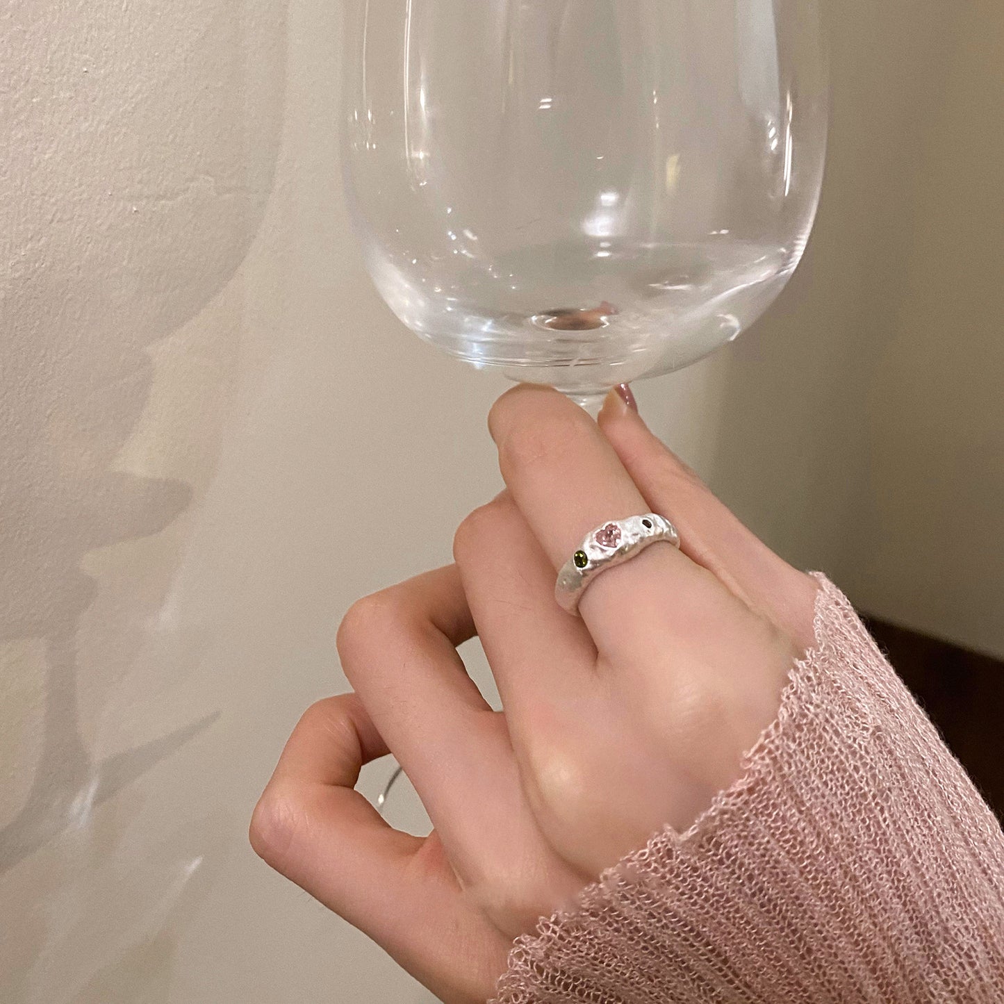 Sier Irregular Texture Pink Love Heart-shaped Rings