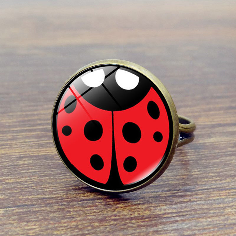 Round Polka Dot Time Stone Cartoon Anime Ladybug Brush Printed Ring