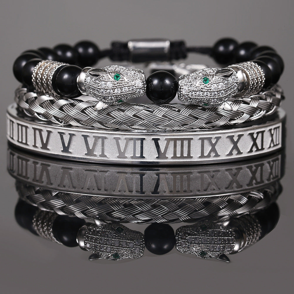 Men's Zircon Double Leopard Head Black Agate Bracelets